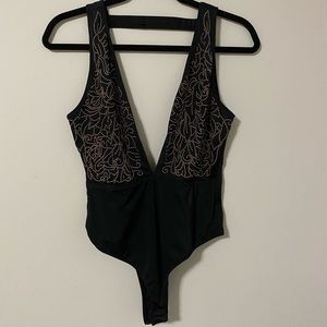 Black Deep V Bodysuit with Rose Gold Detail